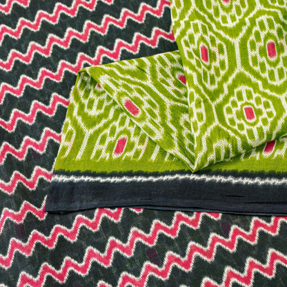 Sanskriti Vintage Saree Green & Black 100% Pure Cotton Fabric Sarees Geometric Ikat Print 5+Yd Craft Sari Create-Floral Dresses, Projects