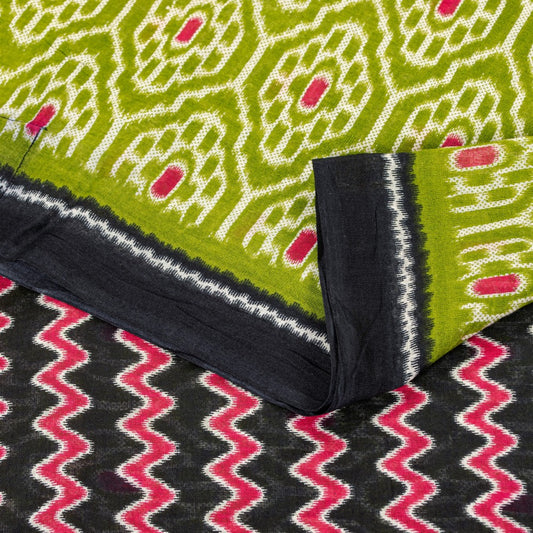 Sanskriti Vintage Sarees Green Pure Cotton Geometric Ikat Print 5+YD Craft Sari