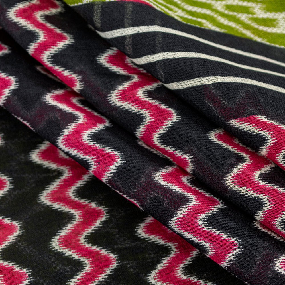 Sanskriti Vintage Saree Green & Black 100% Pure Cotton Fabric Sarees Geometric Ikat Print 5+Yd Craft Sari Create-Floral Dresses, Projects