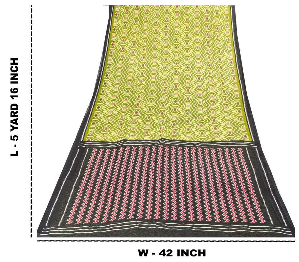 Sanskriti Vintage Sarees Green Pure Cotton Geometric Ikat Print 5+YD Craft Sari