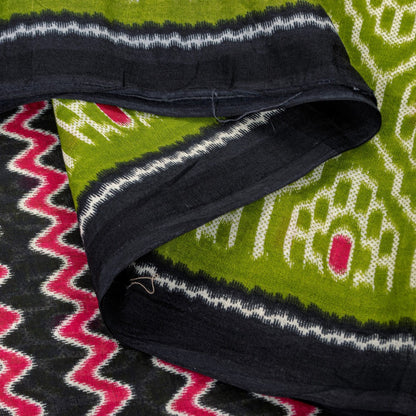 Sanskriti Vintage Saree Green & Black 100% Pure Cotton Fabric Sarees Geometric Ikat Print 5+Yd Craft Sari Create-Floral Dresses, Projects