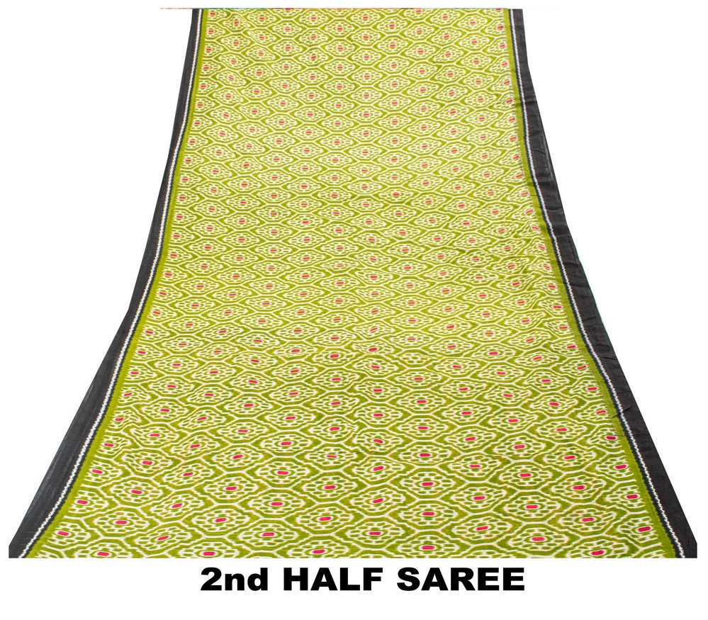 Sanskriti Vintage Saree Green & Black 100% Pure Cotton Fabric Sarees Geometric Ikat Print 5+Yd Craft Sari Create-Floral Dresses, Projects
