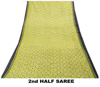 Sanskriti Vintage Sarees Green Pure Cotton Geometric Ikat Print 5+YD Craft Sari