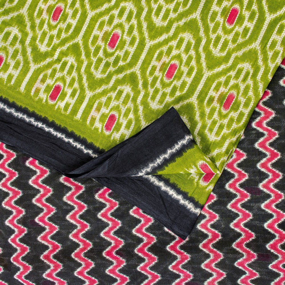 Sanskriti Vintage Saree Green & Black 100% Pure Cotton Fabric Sarees Geometric Ikat Print 5+Yd Craft Sari Create-Floral Dresses, Projects