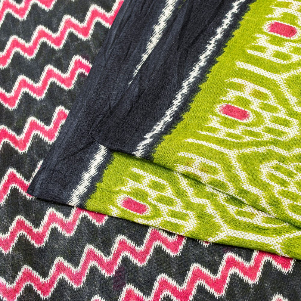 Sanskriti Vintage Sarees Green Pure Cotton Geometric Ikat Print 5+YD Craft Sari