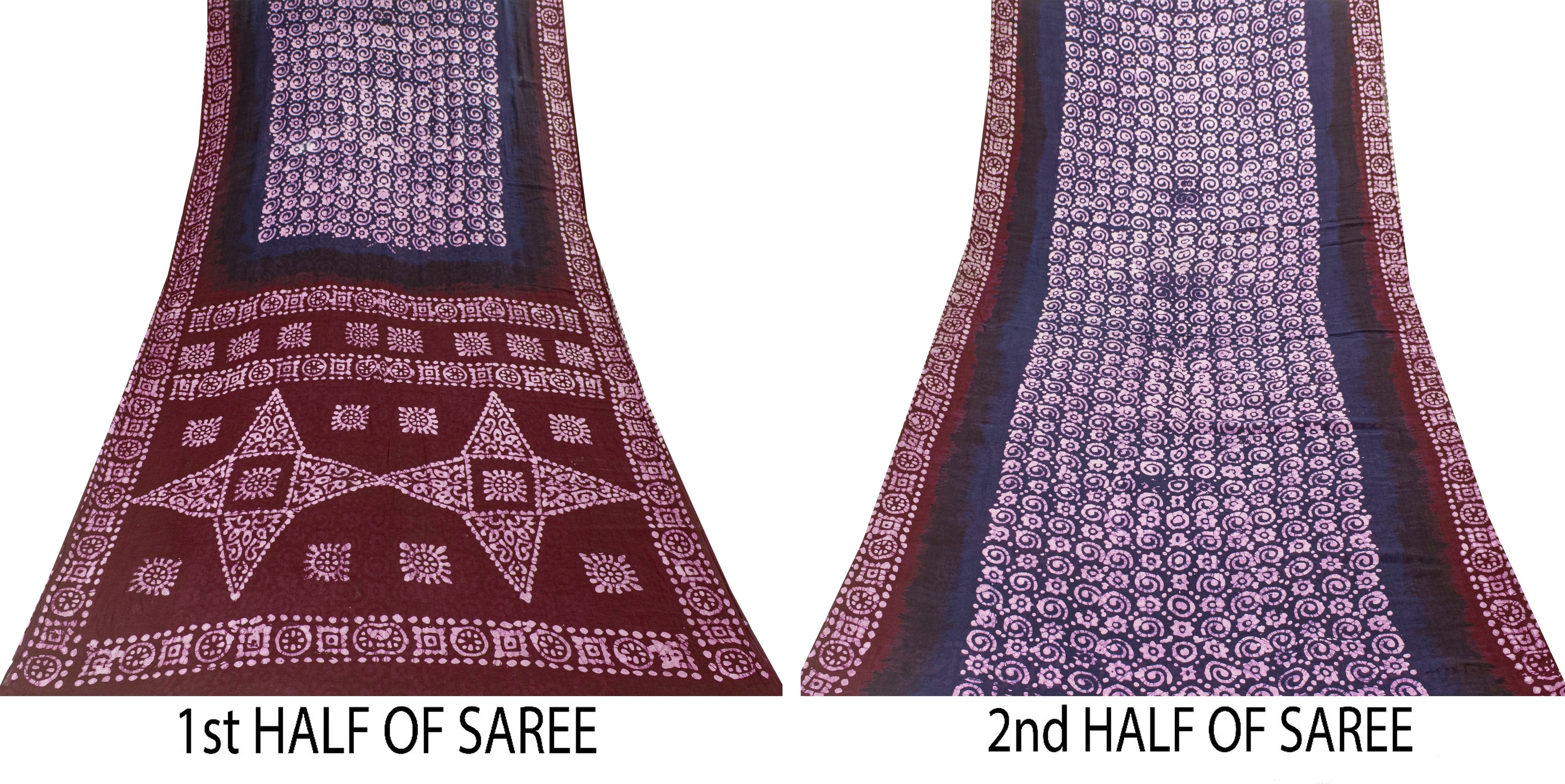 Sanskriti Vintage Saree Blue & Dark Red 100% Pure Cotton 5+Yd Saree Batik Work Sari Indian Heritage Textile Craft Supplies, Decor