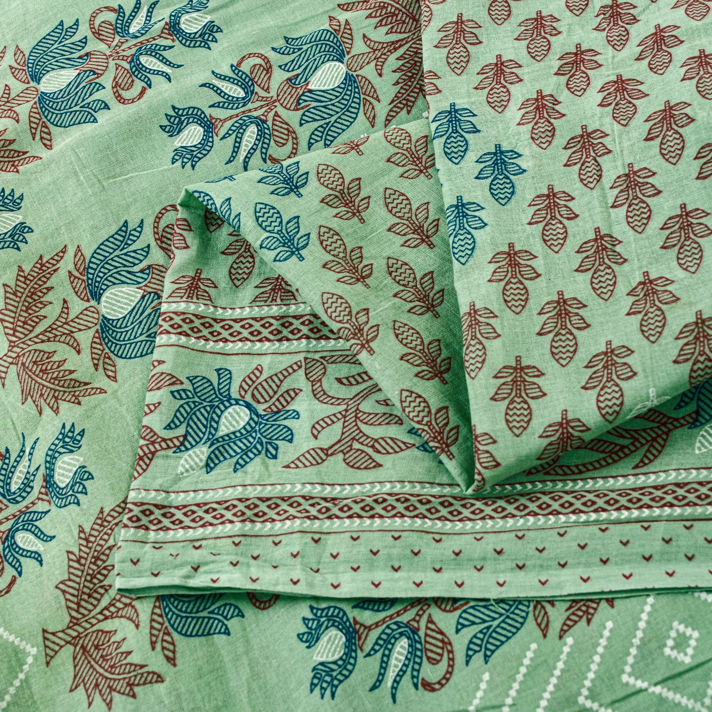 Sanskriti Vintage Sarees Pista Green Pure Cotton Floral Print 5+YD Home DecoSari