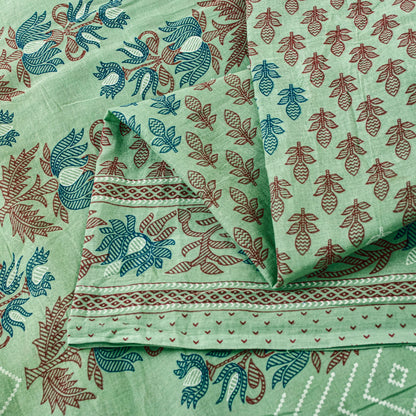 Sanskriti Vintage Sarees Pista Green Pure Cotton Floral Print 5+YD Home DecoSari