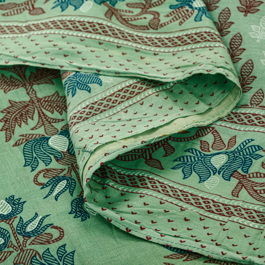 Sanskriti Vintage Sarees Pista Green Pure Cotton Floral Print 5+YD Home DecoSari