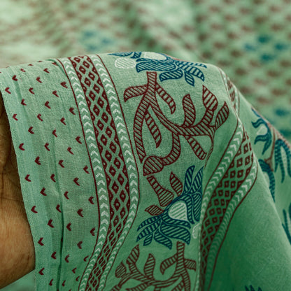 Sanskriti Vintage Sarees Pista Green Pure Cotton Floral Print 5+YD Home DecoSari