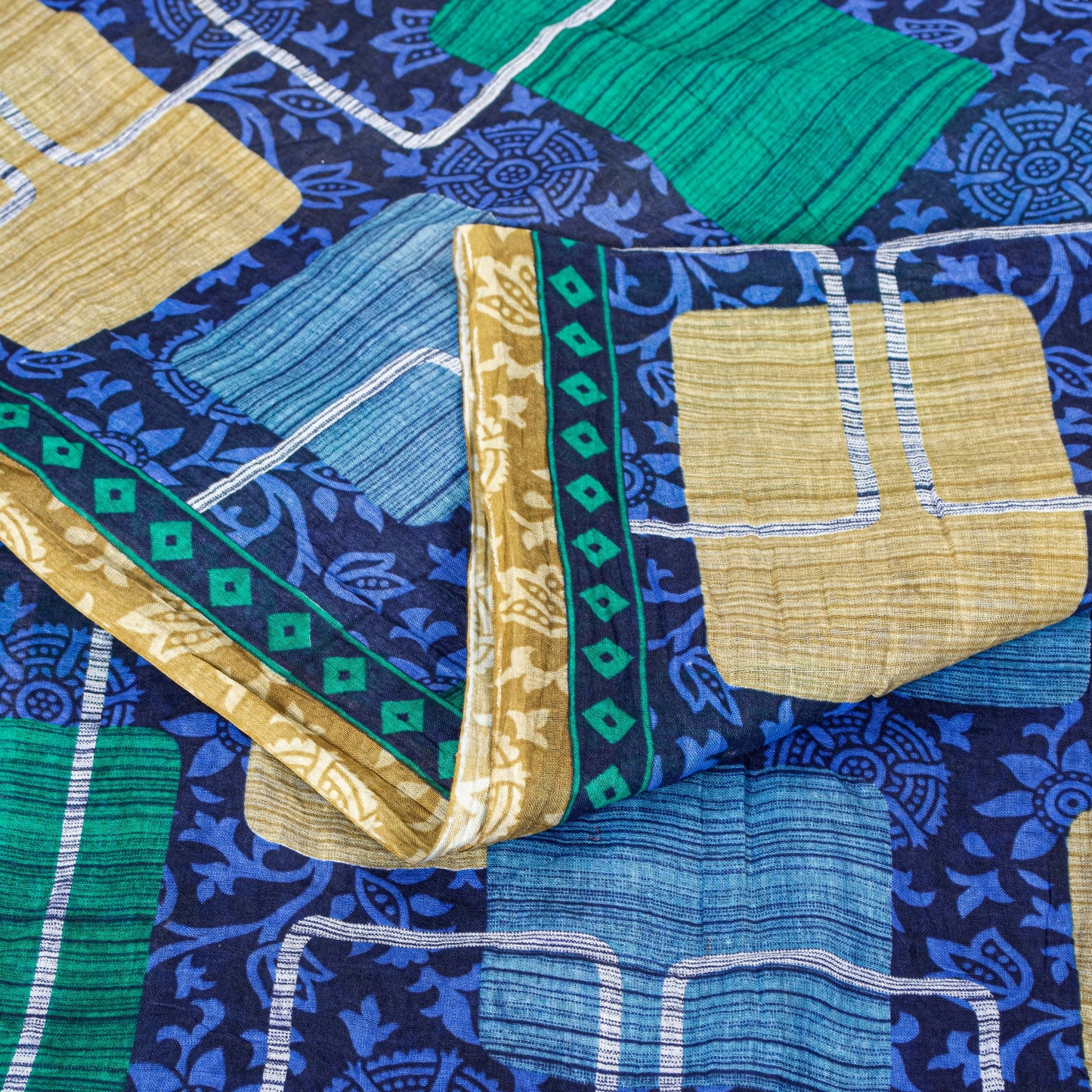 Sanskriti Vintage Sarees Blue 100%Pure Cotton Floral Print 5+YD Sustainable Sari