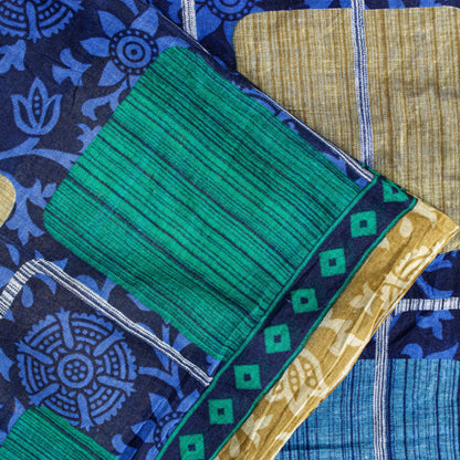 Sanskriti Vintage Sarees Blue 100%Pure Cotton Floral Print 5+YD Sustainable Sari