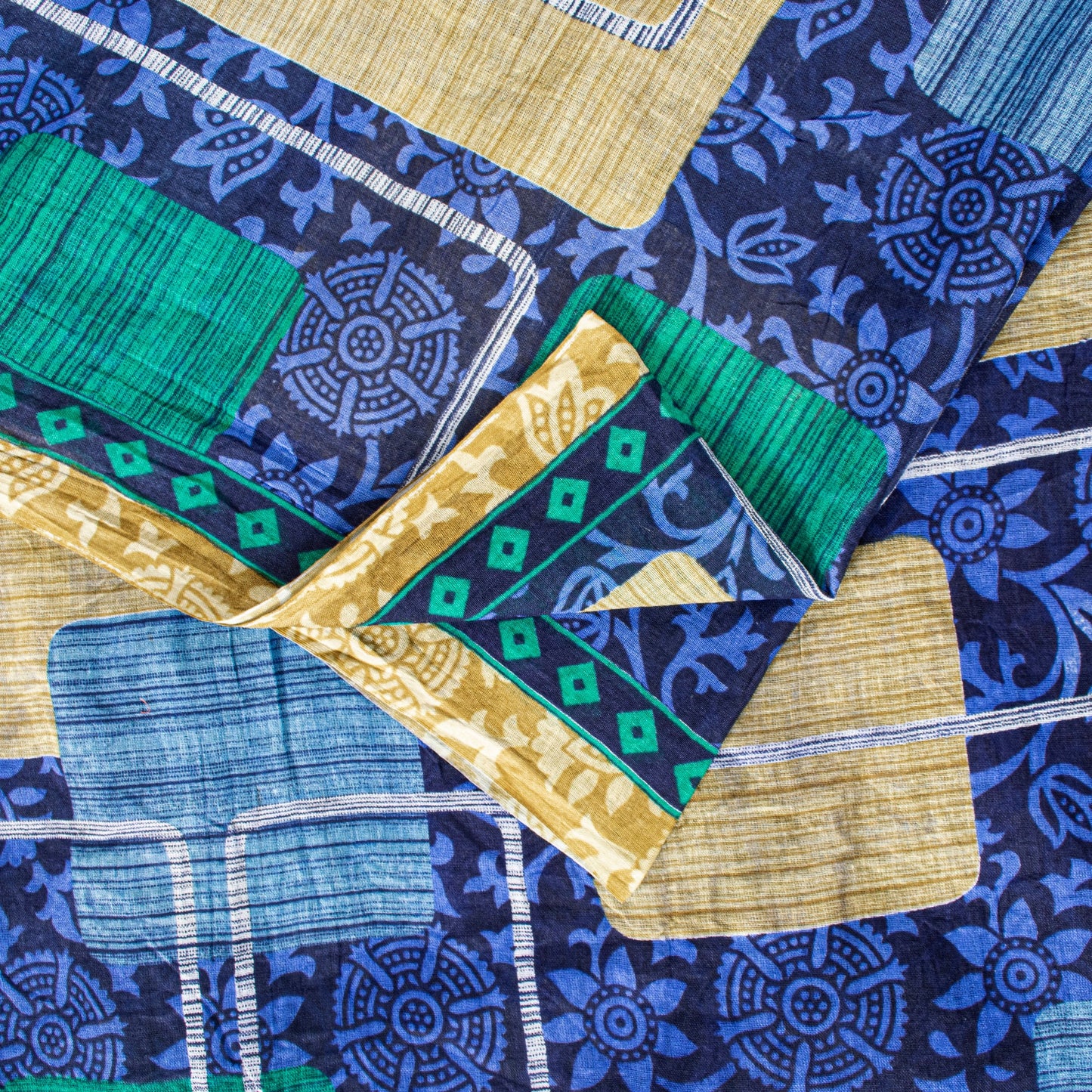 Sanskriti Vintage Sarees Blue 100%Pure Cotton Floral Print 5+YD Sustainable Sari