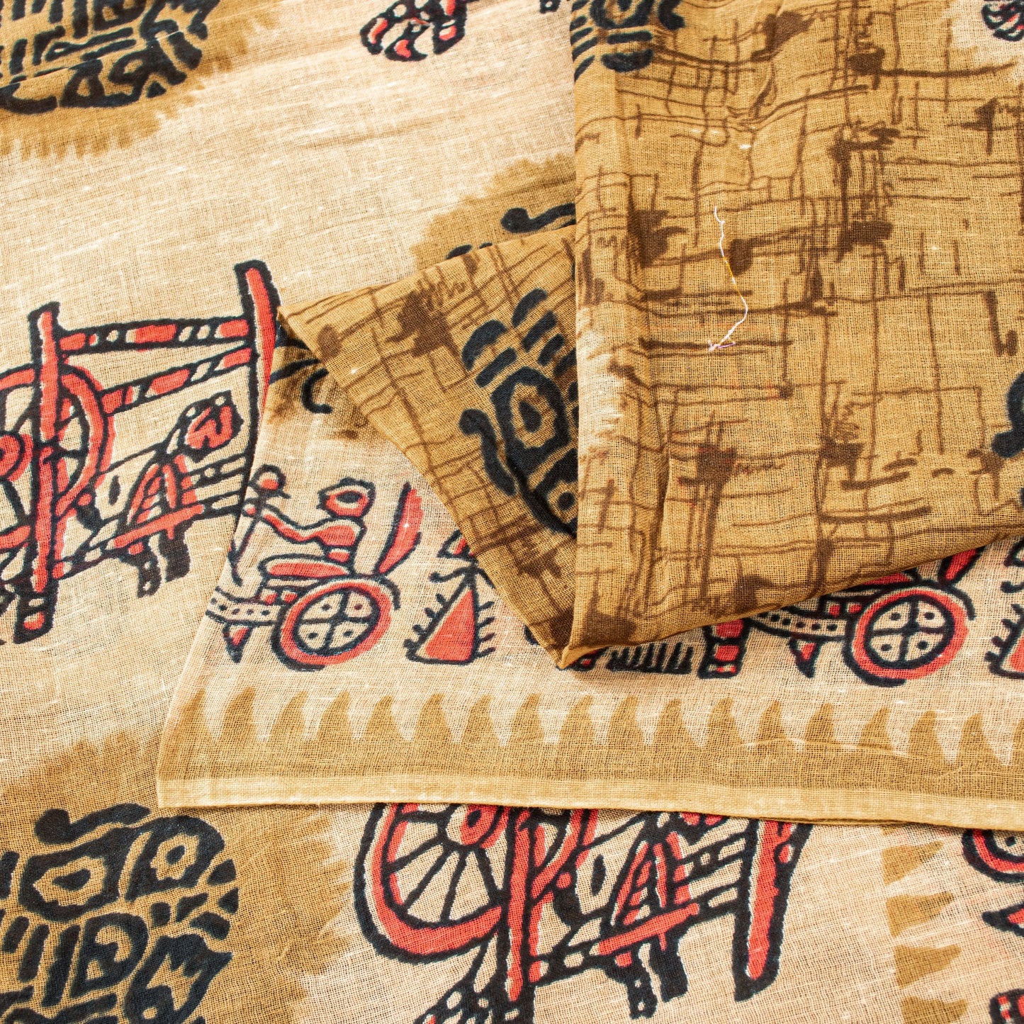 Sanskriti Vintage Sarees Brown Pure Cotton Elephant Cart Print 5+YD Indian Sari