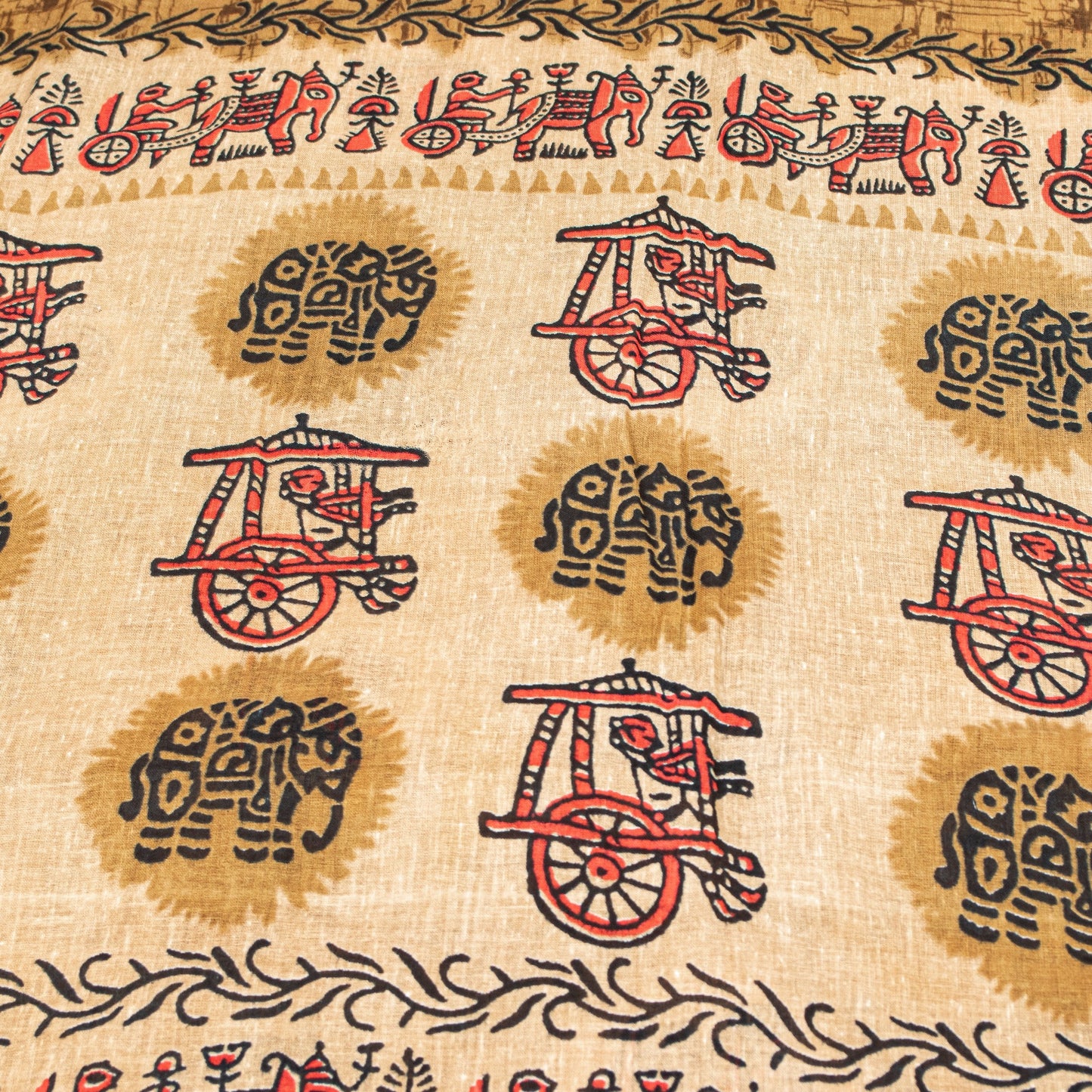 Sanskriti Vintage Sarees Brown Pure Cotton Elephant Cart Print 5+YD Indian Sari
