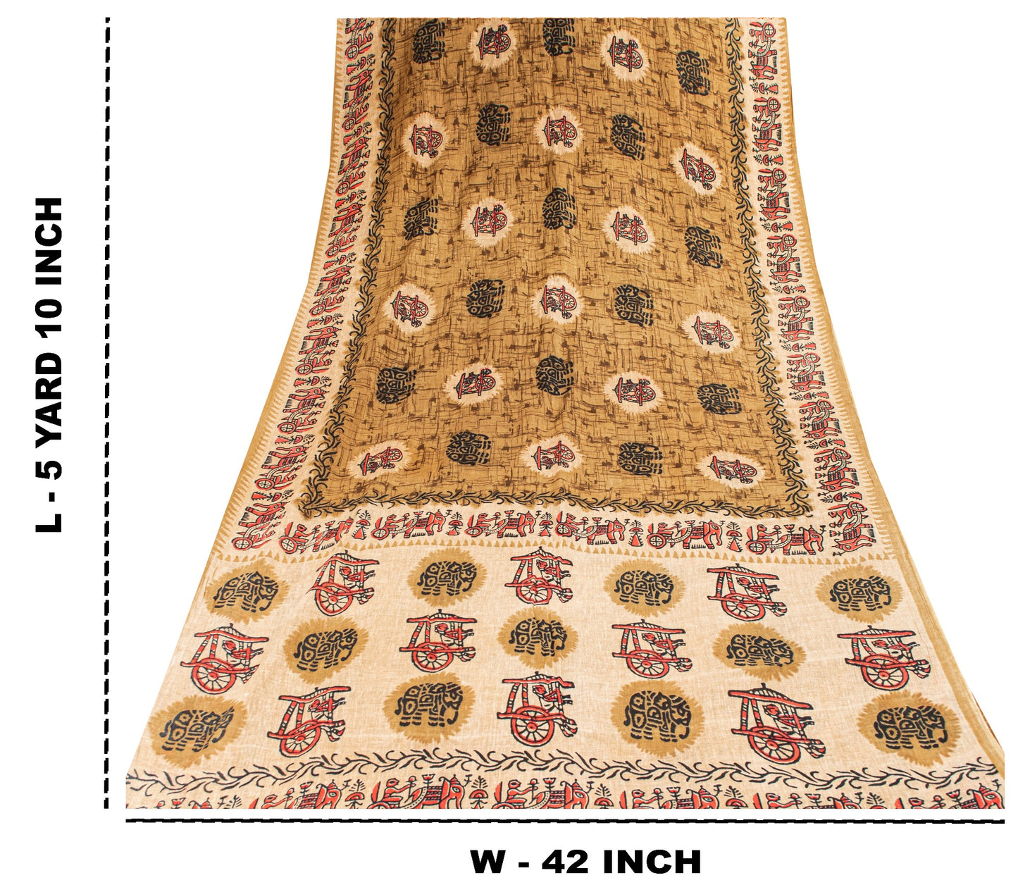 Sanskriti Vintage Sarees Brown Pure Cotton Elephant Cart Print 5+YD Indian Sari