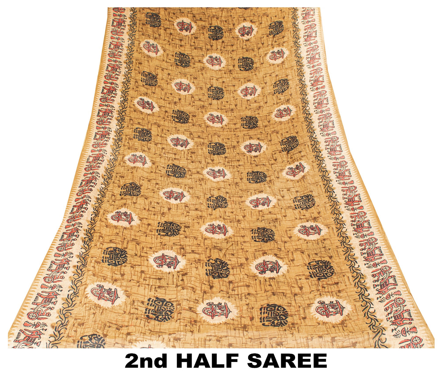 Sanskriti Vintage Sarees Brown Pure Cotton Elephant Cart Print 5+YD Indian Sari