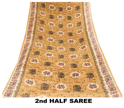 Sanskriti Vintage Sarees Brown Pure Cotton Elephant Cart Print 5+YD Indian Sari