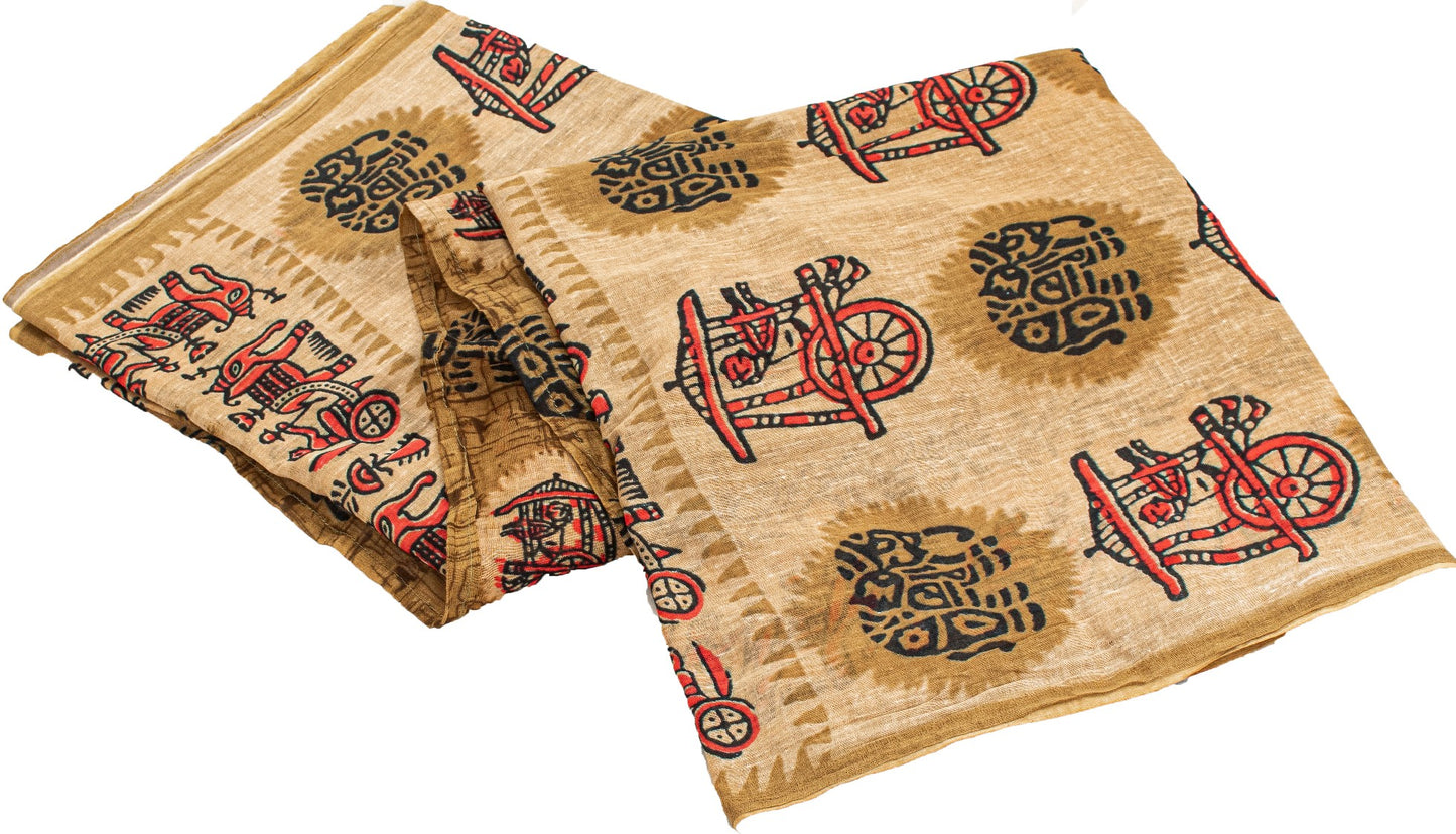 Sanskriti Vintage Sarees Brown Pure Cotton Elephant Cart Print 5+YD Indian Sari
