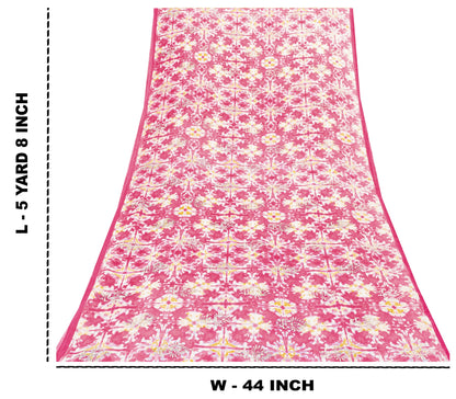 Sanskriti Vintage Craft Supplies Pink Floral Print Sarees Pure Cotton 5+YD Sari