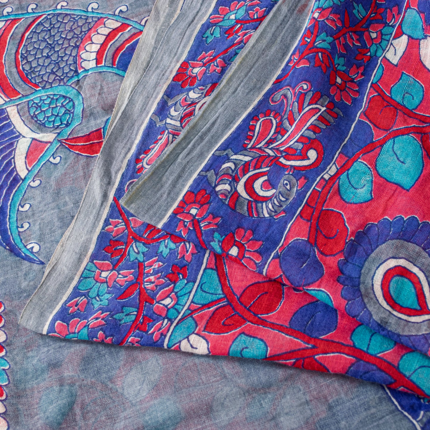 Sanskriti Vintage Sarees Red-Blue Kalamkari Print Pure Cotton 5+YD Textile Sari