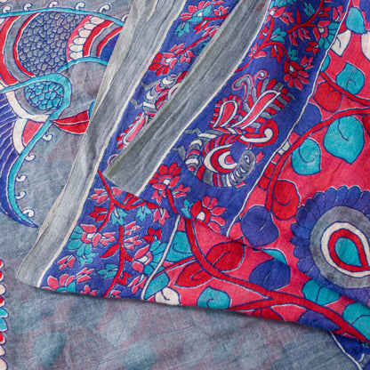 Sanskriti Vintage Sarees Red-Blue Kalamkari Print Pure Cotton 5+YD Textile Sari
