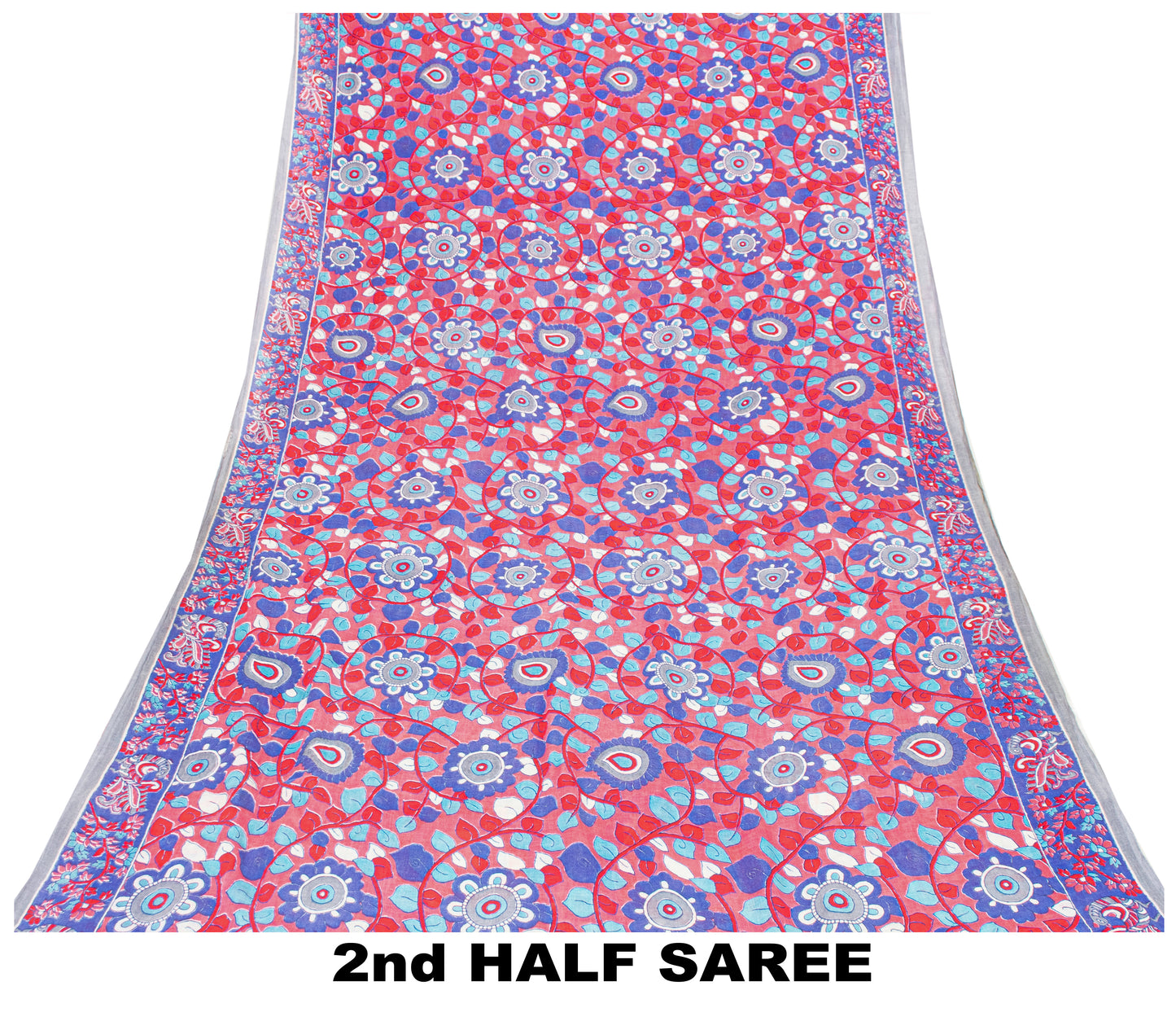 Sanskriti Vintage Sarees Red-Blue Kalamkari Print Pure Cotton 5+YD Textile Sari