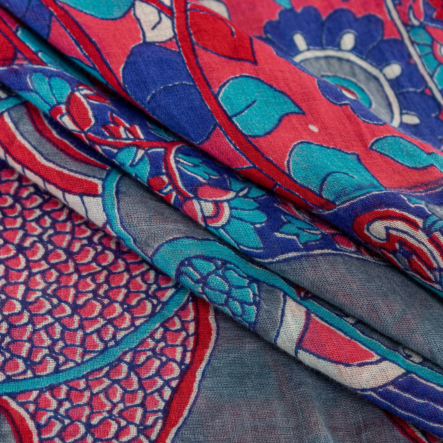 Sanskriti Vintage Sarees Red-Blue Kalamkari Print Pure Cotton 5+YD Textile Sari