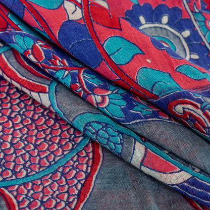 Sanskriti Vintage Sarees Red-Blue Kalamkari Print Pure Cotton 5+YD Textile Sari