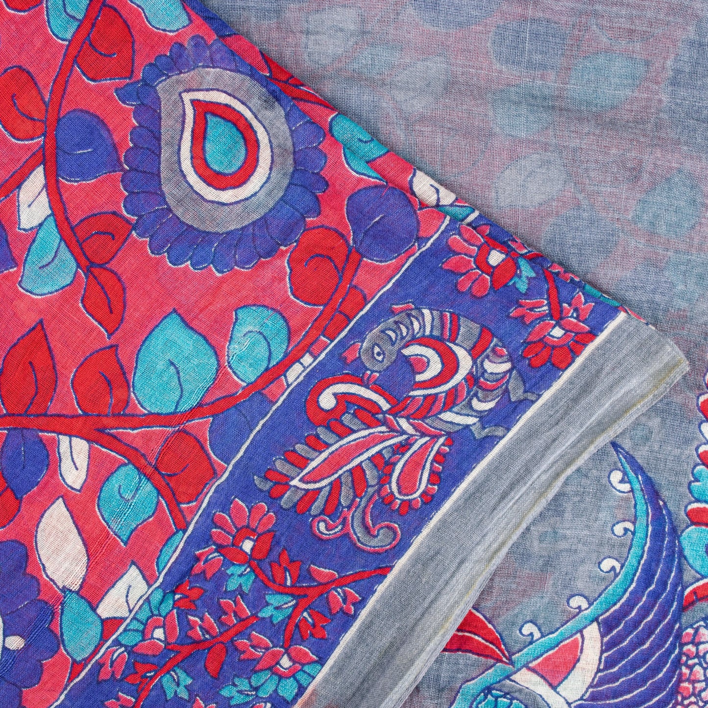 Sanskriti Vintage Sarees Red-Blue Kalamkari Print Pure Cotton 5+YD Textile Sari