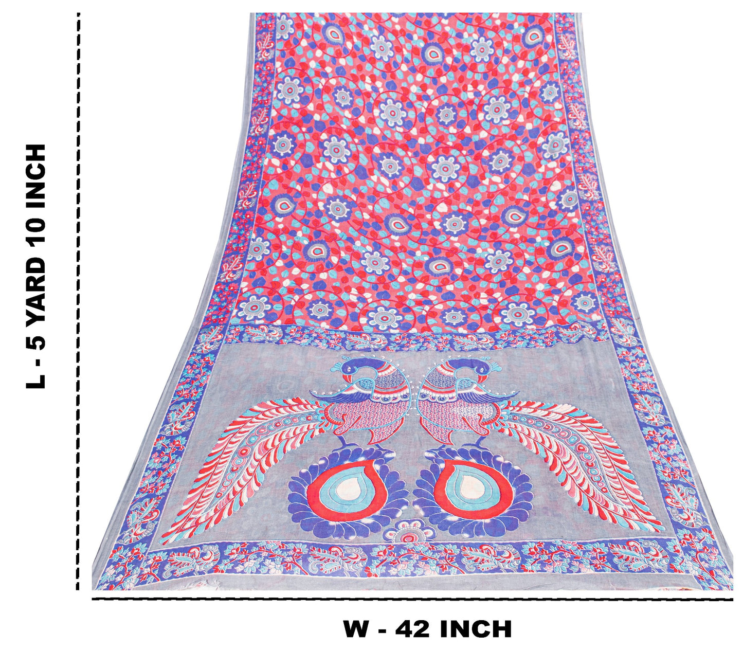Sanskriti Vintage Sarees Red-Blue Kalamkari Print Pure Cotton 5+YD Textile Sari