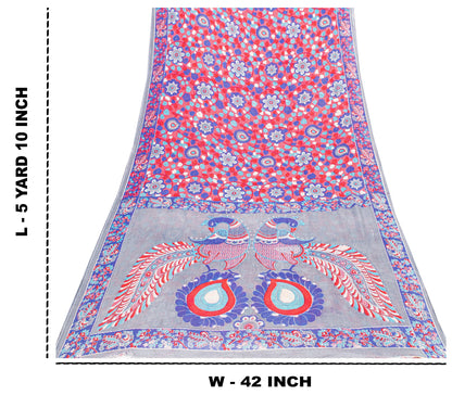 Sanskriti Vintage Sarees Red-Blue Kalamkari Print Pure Cotton 5+YD Textile Sari