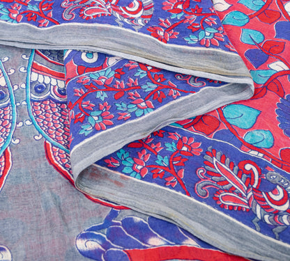 Sanskriti Vintage Sarees Red-Blue Kalamkari Print Pure Cotton 5+YD Textile Sari