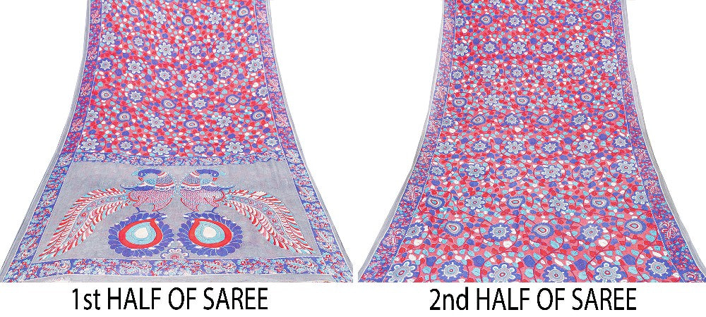 Sanskriti Vintage Sarees Red-Blue Kalamkari Print Pure Cotton 5+YD Textile Sari
