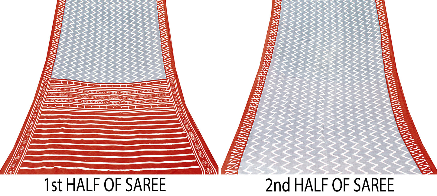 Sanskriti Vintage Sarees Gray & Red Pure Cotton Zig-Zag Lines Print 5+YD Sari