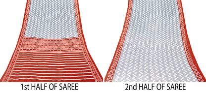 Sanskriti Vintage Sarees Gray & Red Pure Cotton Zig-Zag Lines Print 5+YD Sari