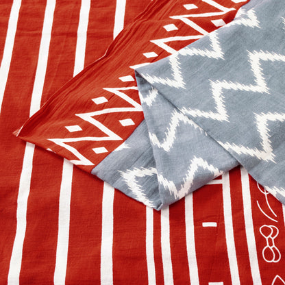 Sanskriti Vintage Sarees Gray & Red Pure Cotton Zig-Zag Lines Print 5+YD Sari