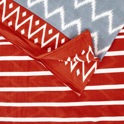 Sanskriti Vintage Sarees Gray & Red Pure Cotton Zig-Zag Lines Print 5+YD Sari