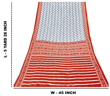 Sanskriti Vintage Sarees Gray & Red Pure Cotton Zig-Zag Lines Print 5+YD Sari