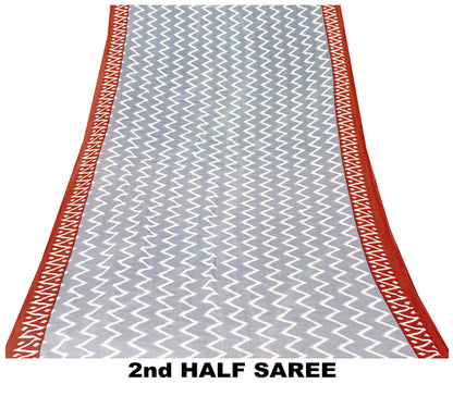 Sanskriti Vintage Sarees Gray & Red Pure Cotton Zig-Zag Lines Print 5+YD Sari