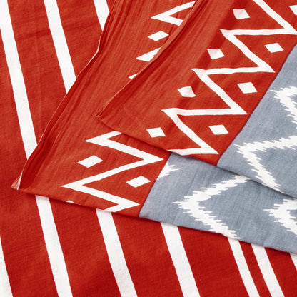 Sanskriti Vintage Sarees Gray & Red Pure Cotton Zig-Zag Lines Print 5+YD Sari