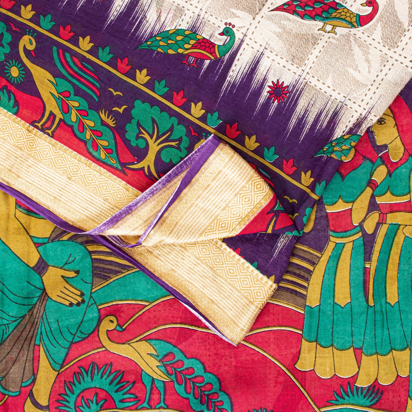 Sanskriti Vintage Sarees Ivory Pure Cotton Women Peacock Print 5+YD HeritageSari