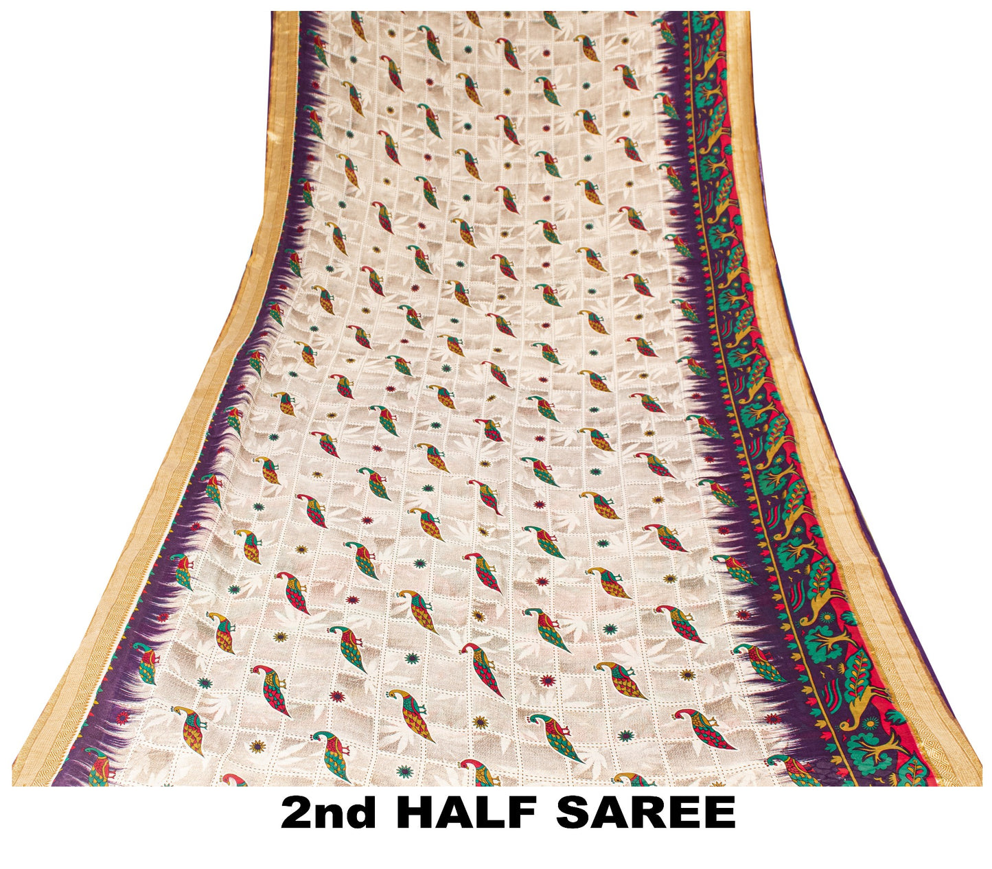 Sanskriti Vintage Sarees Ivory Pure Cotton Women Peacock Print 5+YD HeritageSari