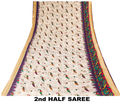 Sanskriti Vintage Sarees Ivory Pure Cotton Women Peacock Print 5+YD HeritageSari