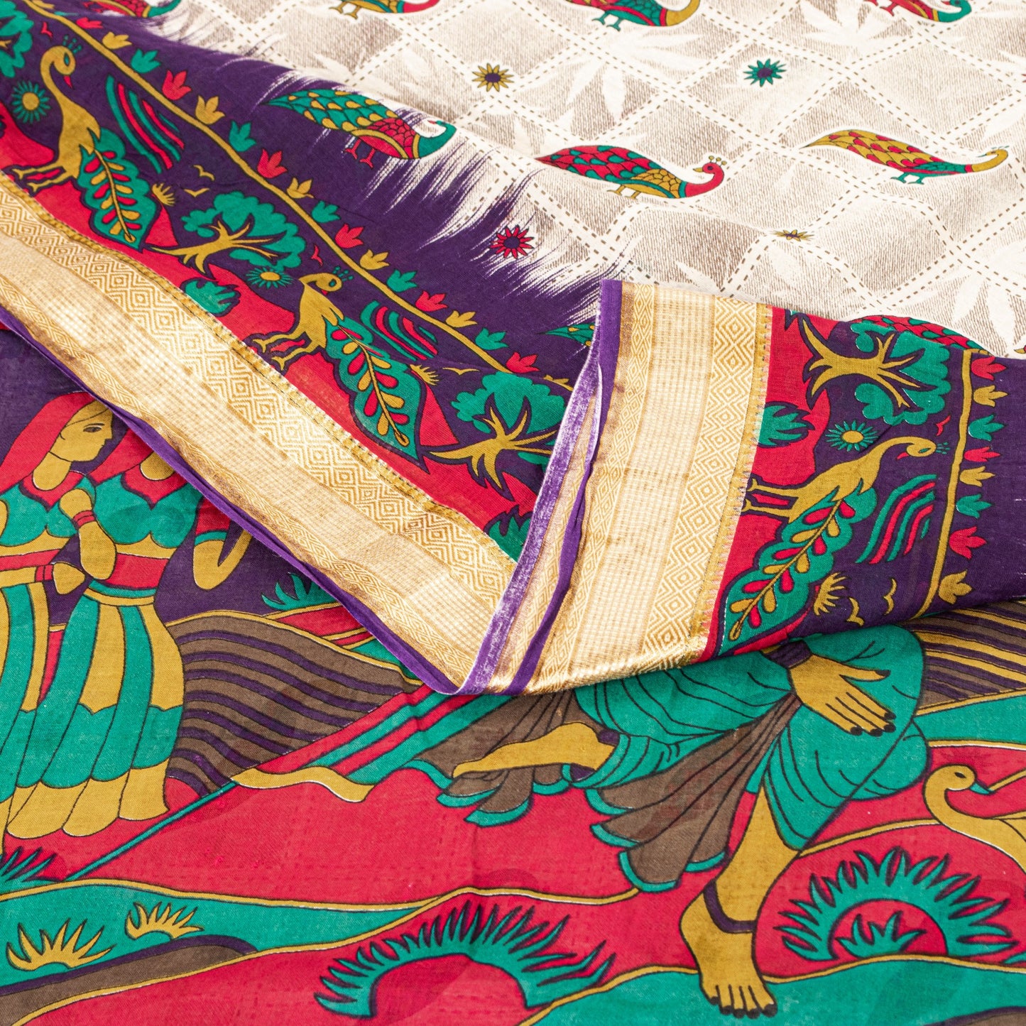 Sanskriti Vintage Sarees Ivory Pure Cotton Women Peacock Print 5+YD HeritageSari