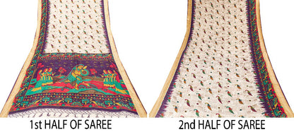 Sanskriti Vintage Sarees Ivory Pure Cotton Women Peacock Print 5+YD HeritageSari