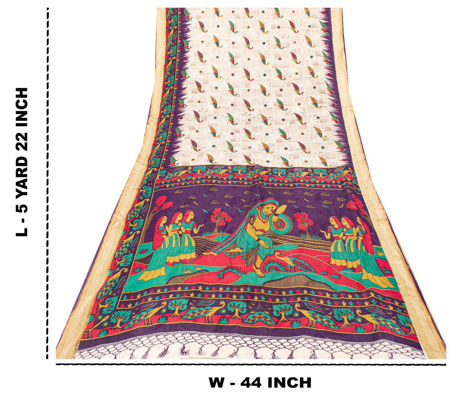 Sanskriti Vintage Sarees Ivory Pure Cotton Women Peacock Print 5+YD HeritageSari