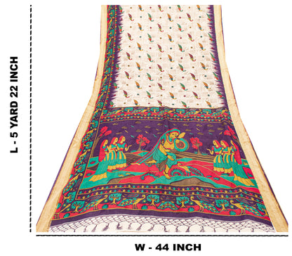 Sanskriti Vintage Sarees Ivory Pure Cotton Women Peacock Print 5+YD HeritageSari