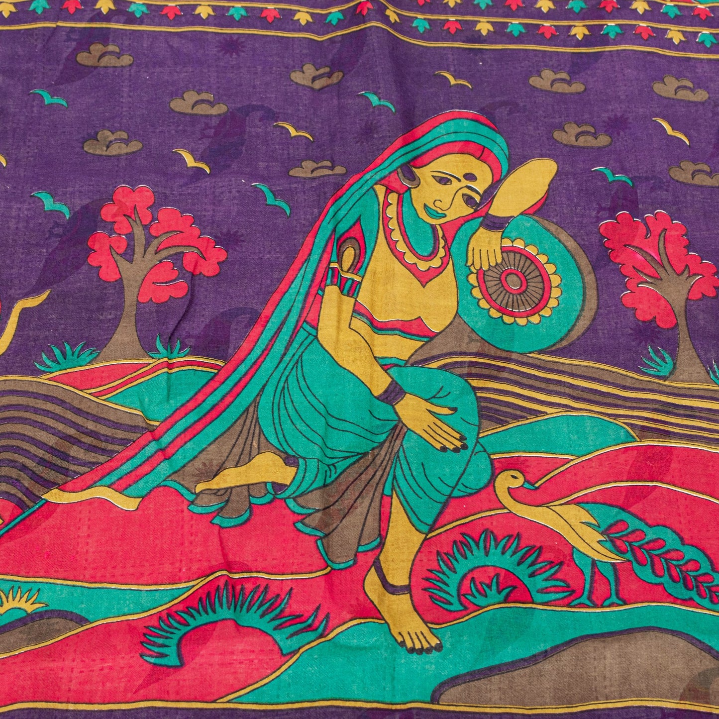 Sanskriti Vintage Sarees Ivory Pure Cotton Women Peacock Print 5+YD HeritageSari