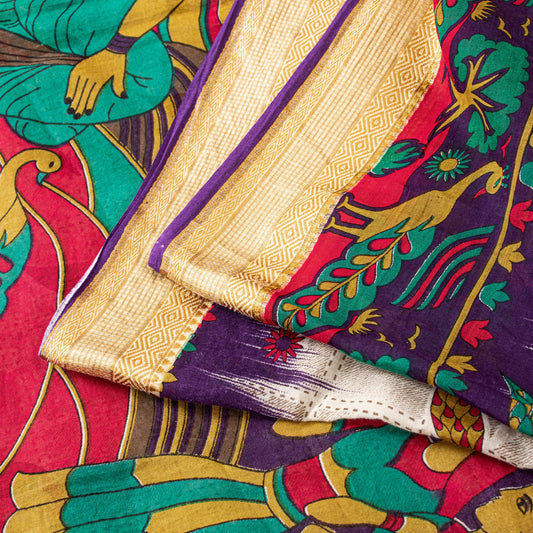 Sanskriti Vintage Sarees Ivory Pure Cotton Women Peacock Print 5+YD HeritageSari